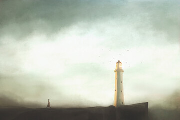 person walks towards the lighthouse, concept of guidance during life's path to a right direction
