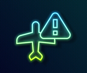 Fototapeta premium Glowing neon line Warning aircraft icon isolated on black background. Faulty plane. Flying prohibition zone. Plane is forbidden for transportation and travelling. Vector