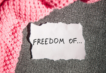 Freedom of  - card with lettering on gray and pink background about human rights or addictions,...