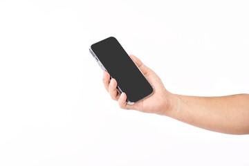 Man's hand holding of the black mobile phone on white background or isolated.