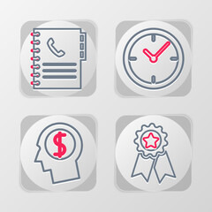 Set line Medal with star, Business man planning mind, Clock and Phone book icon. Vector