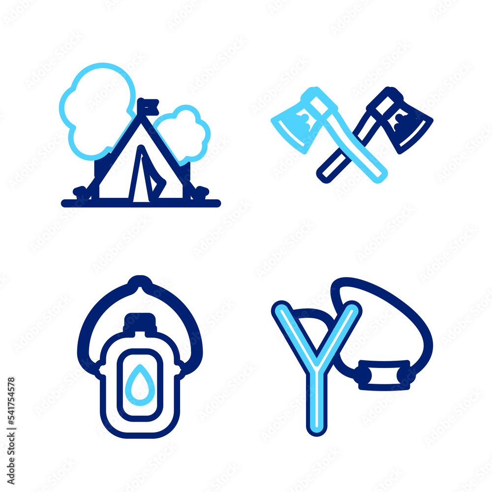 Poster set line slingshot, canteen water bottle, crossed wooden axe and tourist tent with flag icon. vector