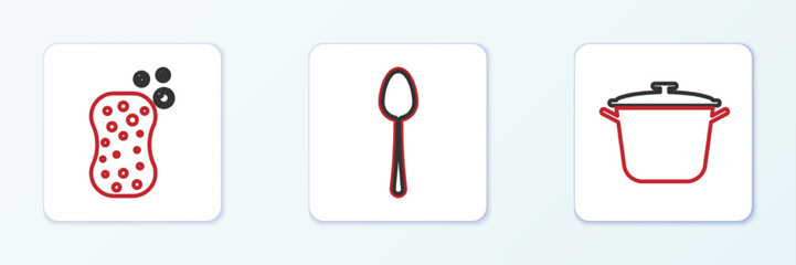 Set line Cooking pot, Sponge with bubbles and Spoon icon. Vector