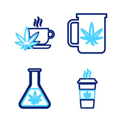 Set line Cup coffee with marijuana, Test tube, tea and icon. Vector
