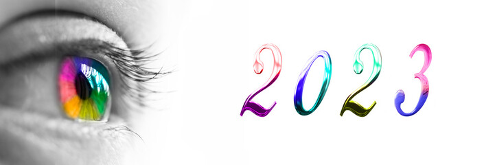2023 and colorful rainbow eye header, new year greeting card web banner