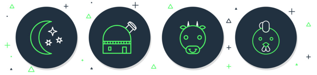 Set line Astronomical observatory, Ox zodiac, Moon and stars and Rooster icon. Vector