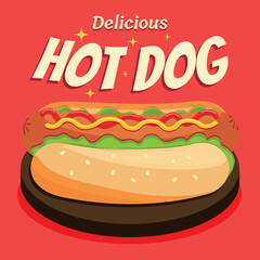 Delicious hot dog, vector illustration for banner, poster, cover, packaging, for advertising, for business