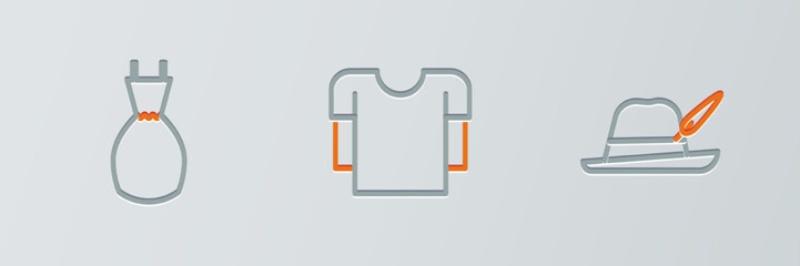 Set line Oktoberfest hat, Woman dress and Long sleeve shirt icon. Vector