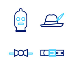 Set line Leather belt, Bow tie, Oktoberfest hat and Balaclava icon. Vector