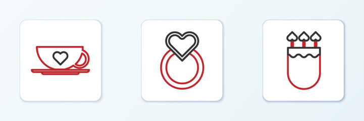 Set line Quiver and arrows with heart, Coffee cup and Wedding rings icon. Vector
