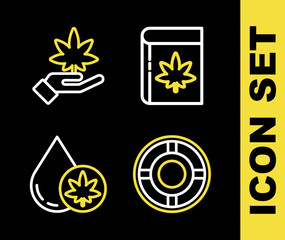 Set line Book and marijuana or cannabis, Ashtray, Marijuana olive oil and leaf icon. Vector