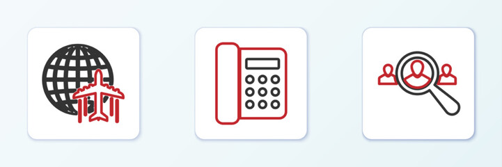 Set line Magnifying glass for search people, Globe with flying plane and Telephone icon. Vector