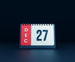 December Realistic Desk Calendar Icon 3D Illustration Date December 27