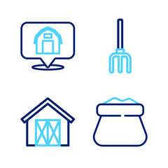 Set line Full sack, Farm house, Garden pitchfork and Location farm icon. Vector