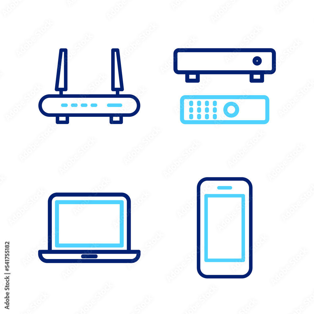 Sticker Set line Smartphone, Laptop, Multimedia and TV box and Router wi-fi signal icon. Vector