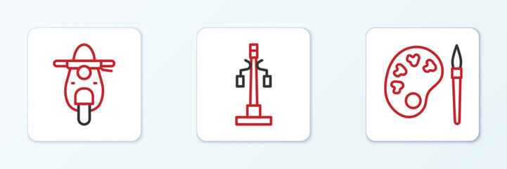 Fototapeta premium Set line Paint brush with palette, Scooter and Street light icon. Vector