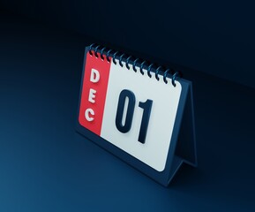 December Realistic Desk Calendar Icon 3D Illustration Date December 01