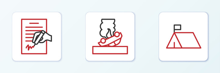 Set line Protest camp, Petition and Burning car icon. Vector