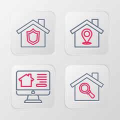 Set line Search house, Online real estate, Location with and House shield icon. Vector