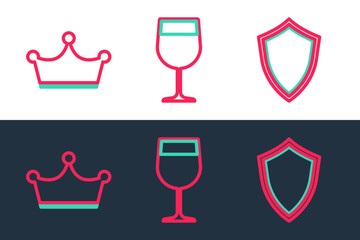 Set line Shield, Crown and Wine glass icon. Vector