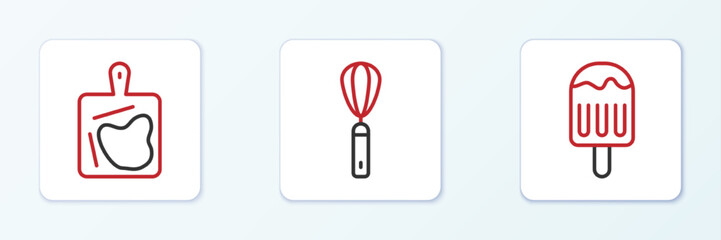 Set line Ice cream, Cutting board and Kitchen whisk icon. Vector