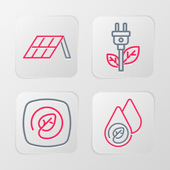 Set line Water energy, Location with leaf, Electric saving plug in and Solar panel icon. Vector
