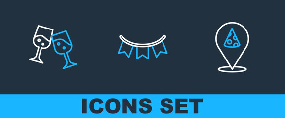 Set line Slice of pizza, Glass champagne and Carnival garland with flags icon. Vector