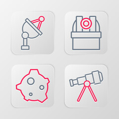 Set line Telescope, Asteroid, Astronomical observatory and Satellite dish icon. Vector