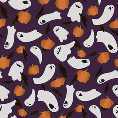 Background of ghosts in the sky with pumpkins and bats. Seamless pattern with flying ghosts and pumpkins on a blue background. Suitable for printing on textiles and paper. Festive gift wrapping.