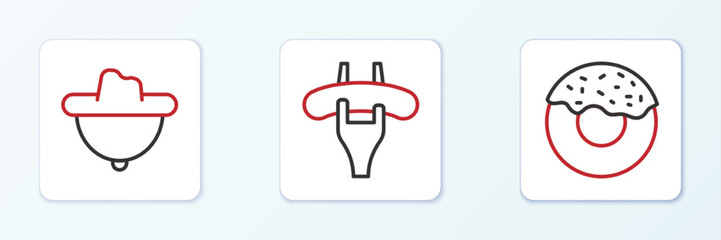 Set line Donut, Western cowboy hat and Sausage the fork icon. Vector