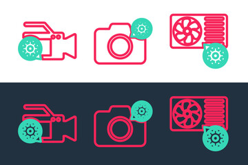 Set line Air conditioner setting, Video camera and Photo icon. Vector