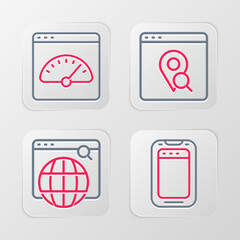 Set line Mobile phone, Search engine, Infographic of city map and Digital speed meter icon. Vector