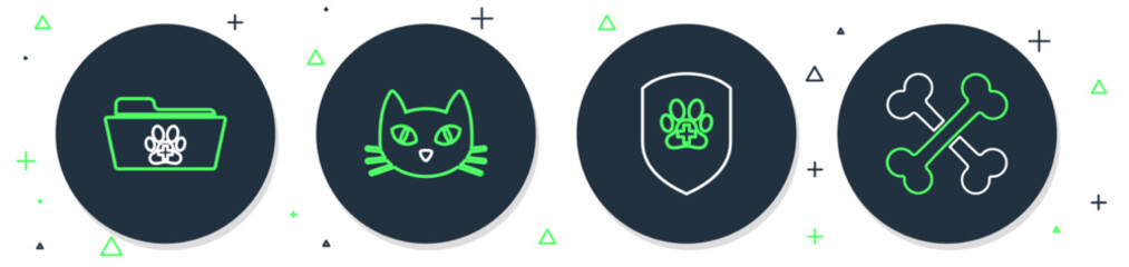 Set line Cat, Animal health insurance, Medical veterinary record folder and Crossed bones icon. Vector