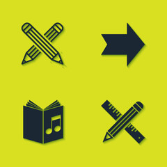 Set Crossed pencil, ruler and, Audio book and Arrow icon. Vector