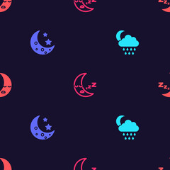 Set Cloud with rain and moon, Moon stars, icon and on seamless pattern. Vector