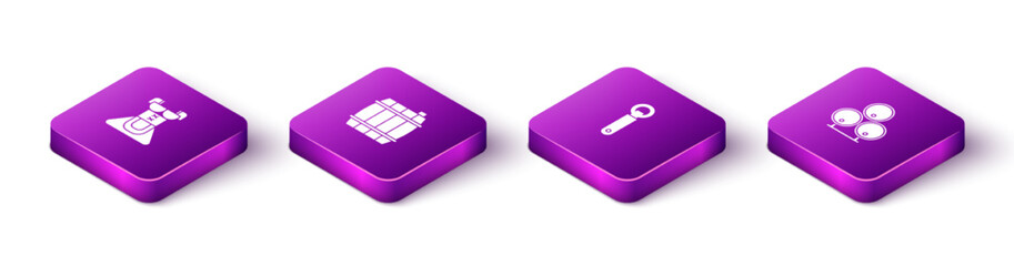 Set Isometric Costume for women dirndl, Wooden barrel, Bottle opener and barrels icon. Vector