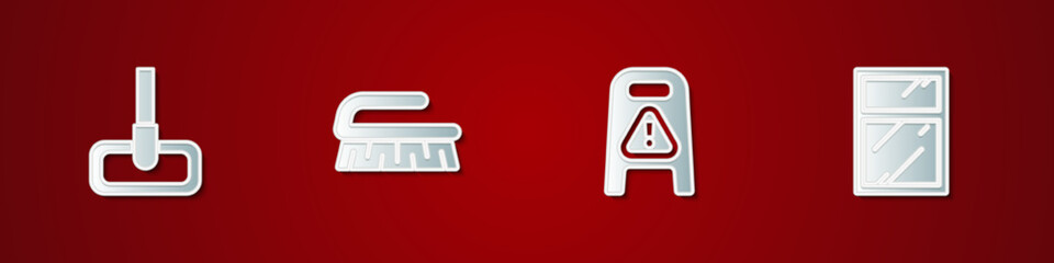 Set Mop, Brush for cleaning, Wet floor and progress and Cleaning service windows icon. Vector