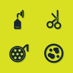 Set Medical oxygen mask, Petri dish with bacteria, Surgery lamp and scissors icon. Vector