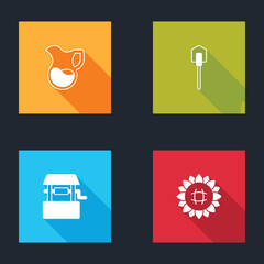 Set Jug glass with milk, Shovel, Well and Sunflower icon. Vector