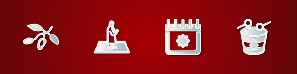 Set Date fruit, Muslim man prays, Ramadan calendar and drum icon. Vector