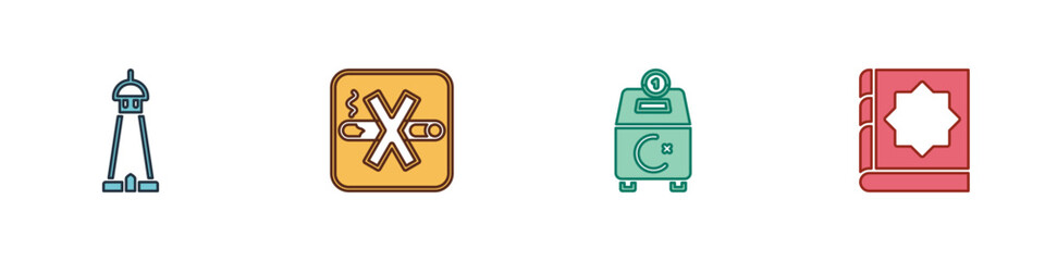 Set Mosque tower or minaret, No Smoking, Donate pay your zakat and Holy book of Koran icon. Vector