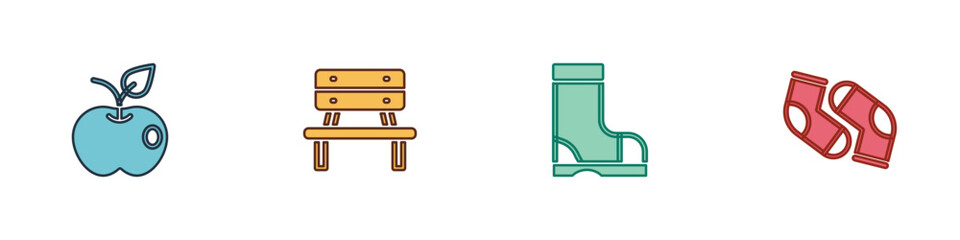 Set Apple, Bench, Waterproof rubber boot and Socks icon. Vector