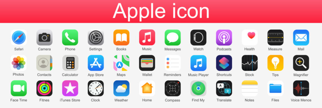 Apple set icon apps. Apple mockup. Iphone display app. Popular apps. Safari. Editorial vector illustration