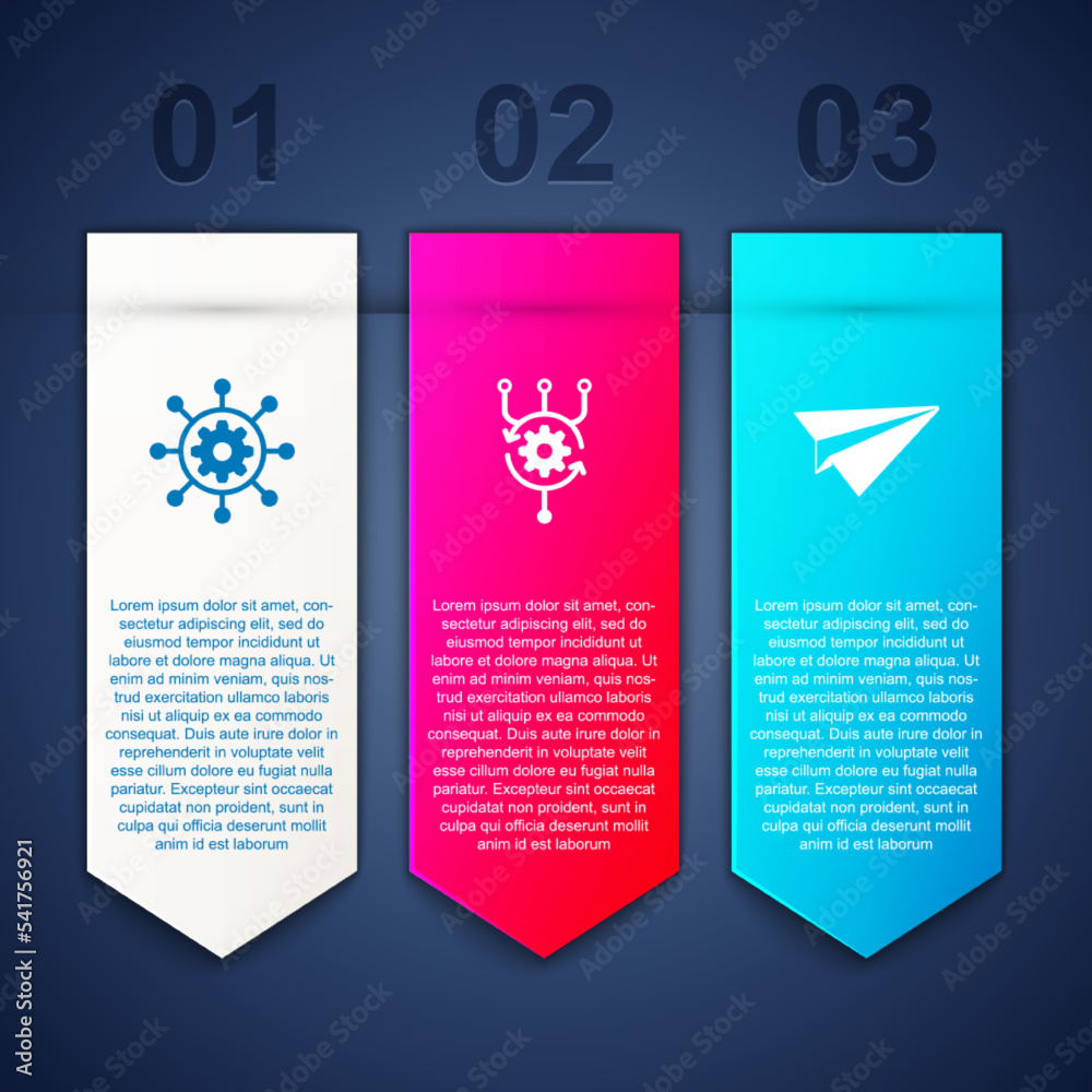 Sticker set project management, algorithm and paper plane. business infographic template. vector