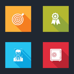 Set Target with arrow, Medal star, Face recognition and Safe icon. Vector
