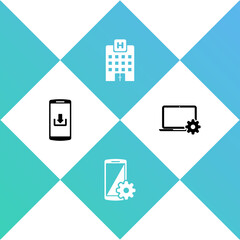 Set Smartphone with download, Setting smartphone, Medical hospital building and Laptop and gear icon. Vector