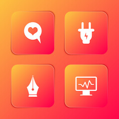 Set Heart in speech bubble, Electric plug, Fountain pen nib and Monitor with cardiogram icon. Vector