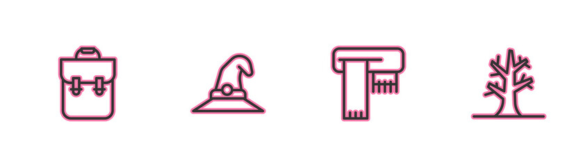 Set line School backpack, Winter scarf, Witch hat and Bare tree icon. Vector