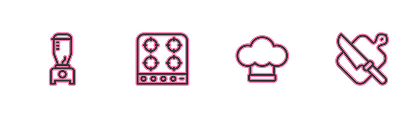 Set line Blender, Chef hat, Gas stove and Cutting board and knife icon. Vector