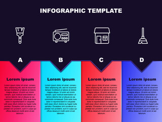Set line Paint brush, Radio, House and Handle broom. Business infographic template. Vector